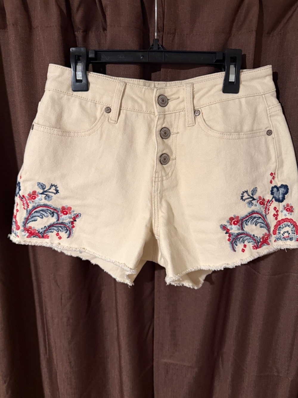 Shyanne Cream Embroidered Button-Front Jean Shorts